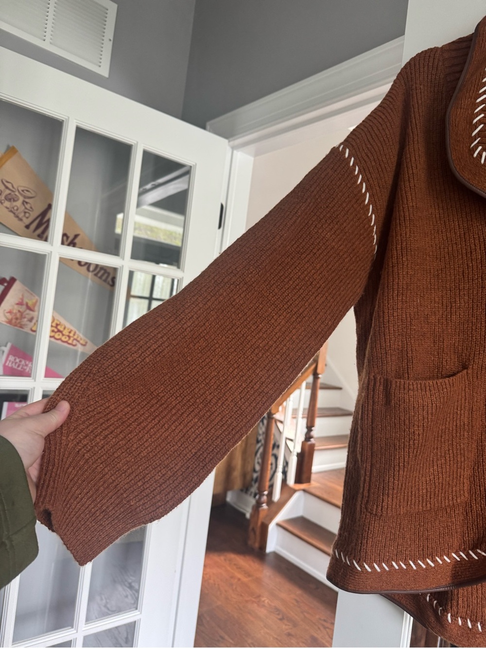 NWT Anthropologie Maeve Faux Leather Trim Whipstitch Cardigan Sweater - Picture 4 of 8